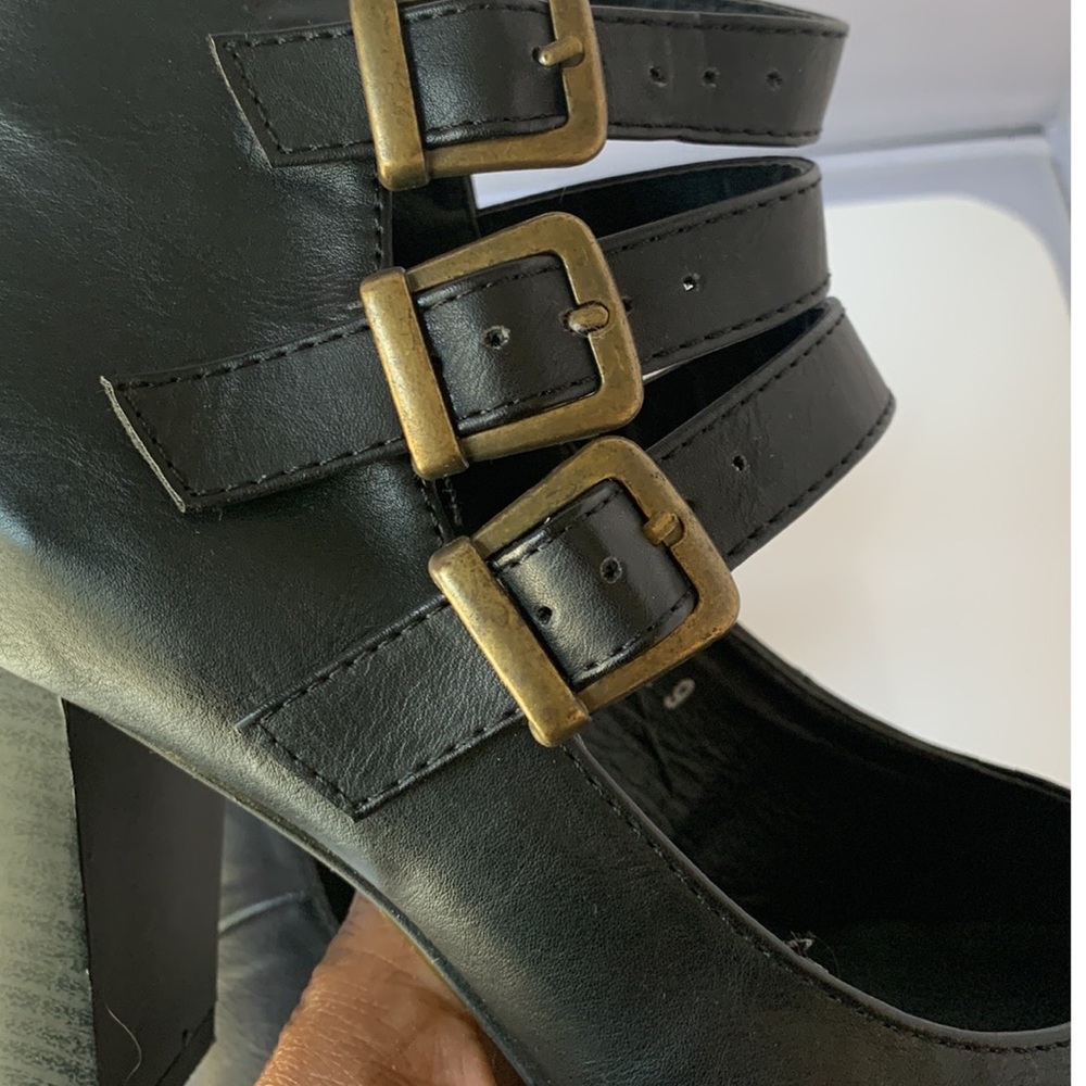 Vintage Style Buckle Strap Stack Heel Zipper Black Ankle Boot Shoes Women's - Picture 7 of 10